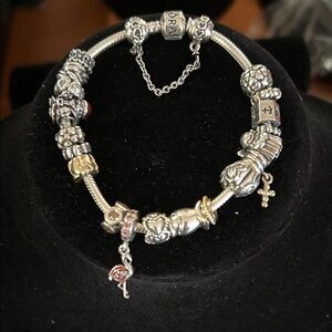 Pandora Silver Bracelet with Gold and Pink Charms